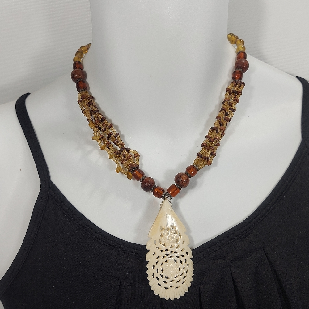 Handcrafted Wood Glass Bead Necklace with Carved Pendant